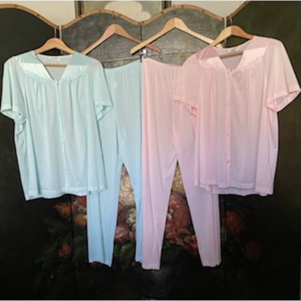 Vintage Vanity Fair L Nylon 2 Piece Pajama Top & Pants Blue & Pink 2 Set Lot